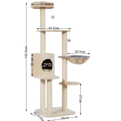 144cm Katzenbaum mit Sisalbezogenen Säulen & Plüsch & Höhle & Liege Beige