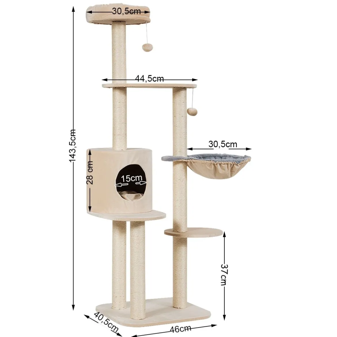 144cm Katzenbaum mit Sisalbezogenen Säulen & Plüsch & Höhle & Liege Beige