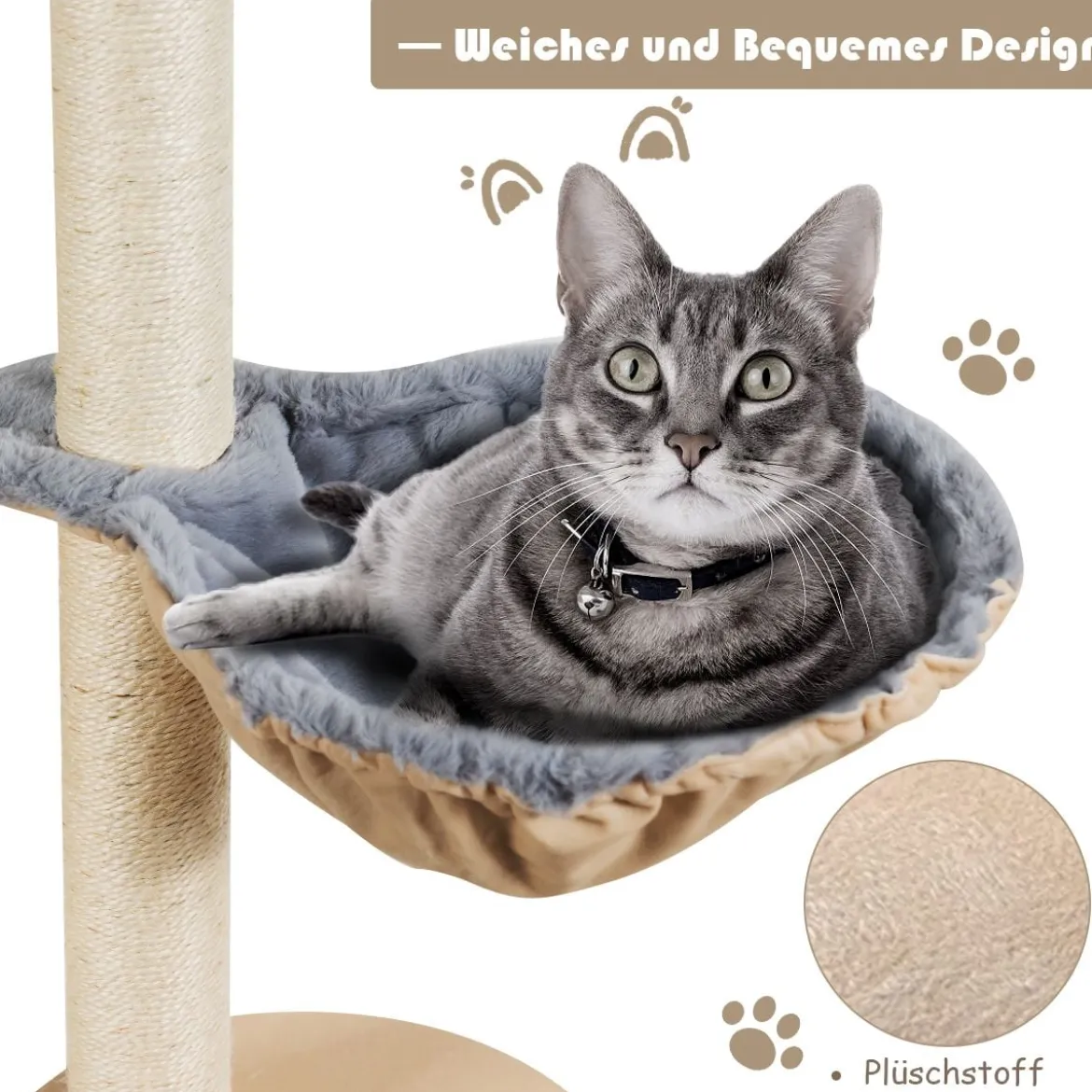 144cm Katzenbaum mit Sisalbezogenen Säulen & Plüsch & Höhle & Liege Beige