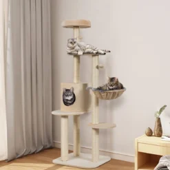 144cm Katzenbaum mit Sisalbezogenen Säulen & Plüsch & Höhle & Liege Beige