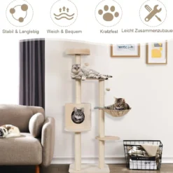 144cm Katzenbaum mit Sisalbezogenen Säulen & Plüsch & Höhle & Liege Beige