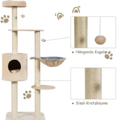 144cm Katzenbaum mit Sisalbezogenen Säulen & Plüsch & Höhle & Liege Beige