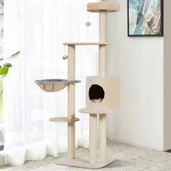 144cm Katzenbaum mit Sisalbezogenen Säulen & Plüsch & Höhle & Liege Beige