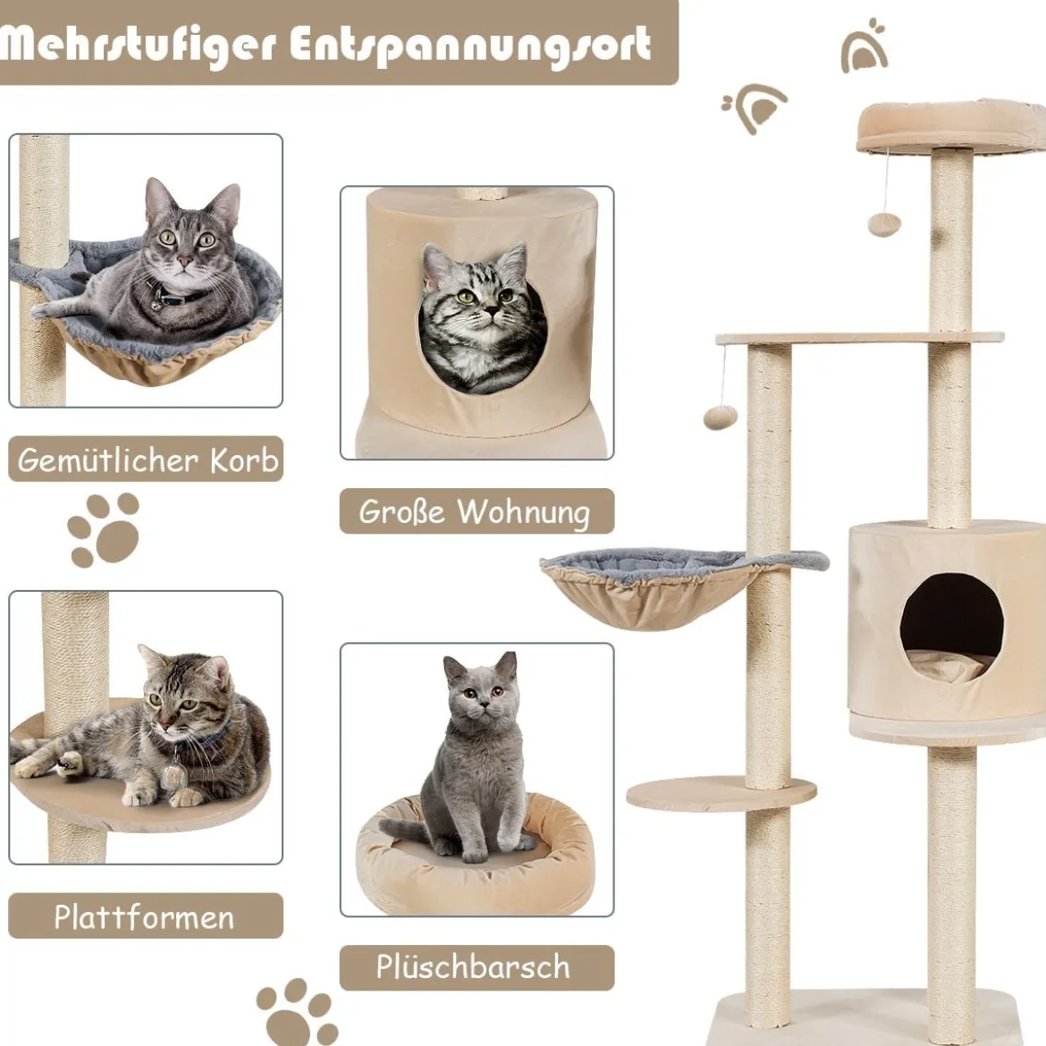144cm Katzenbaum mit Sisalbezogenen Säulen & Plüsch & Höhle & Liege Beige