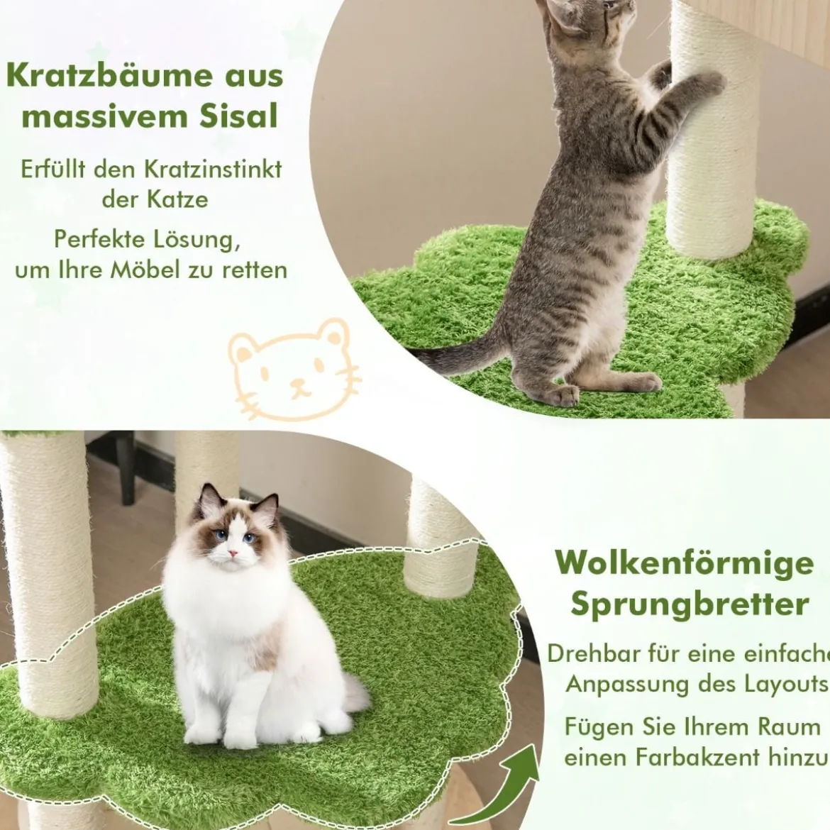 139 cm Katzenbaum mit Sisal-Kratzpfosten & Springplattformen & Liegeplatz & Hängematte