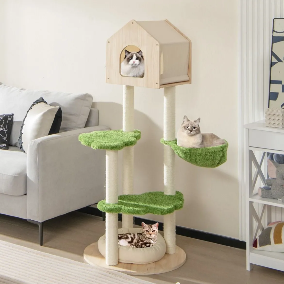 139 cm Katzenbaum mit Sisal-Kratzpfosten & Springplattformen & Liegeplatz & Hängematte