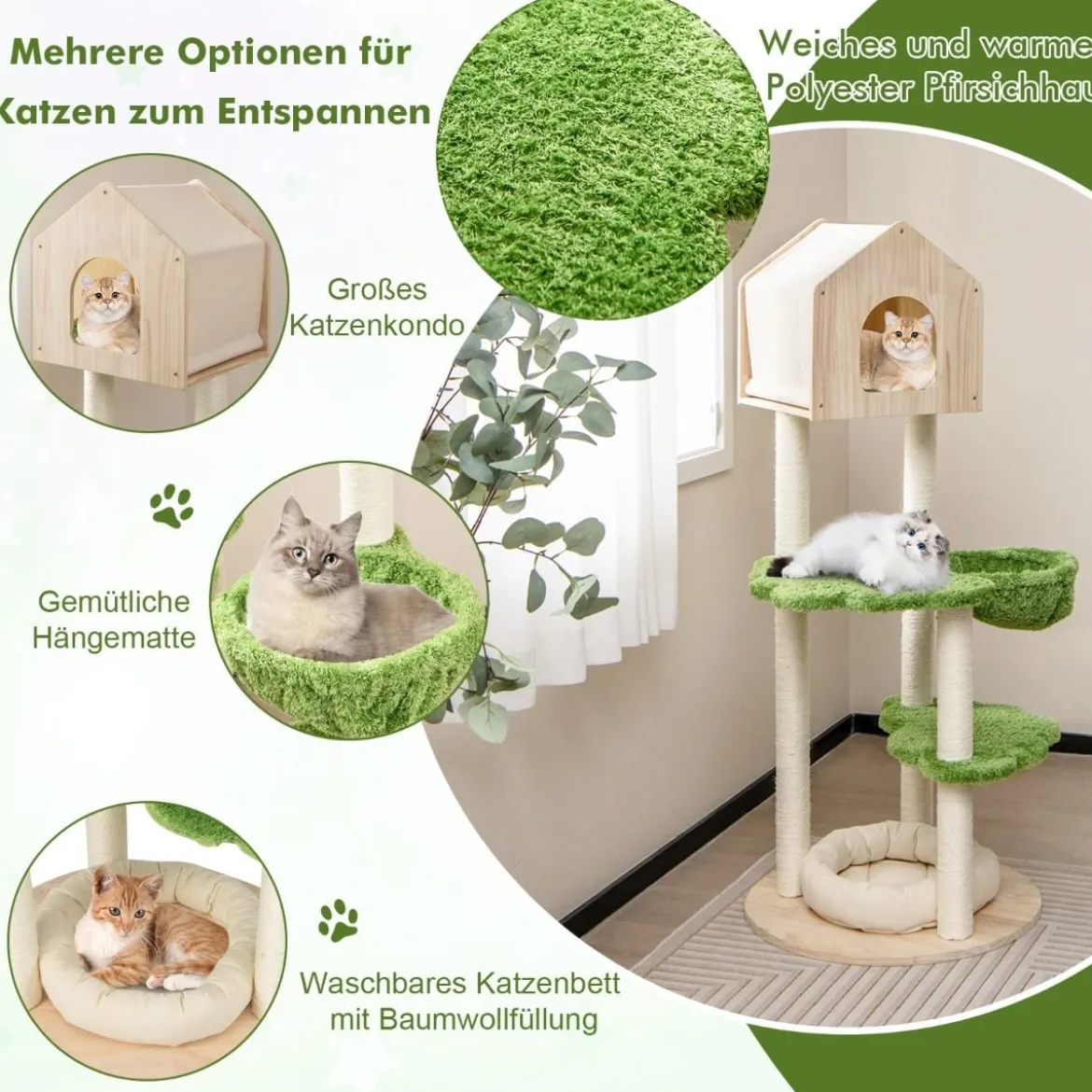 139 cm Katzenbaum mit Sisal-Kratzpfosten & Springplattformen & Liegeplatz & Hängematte