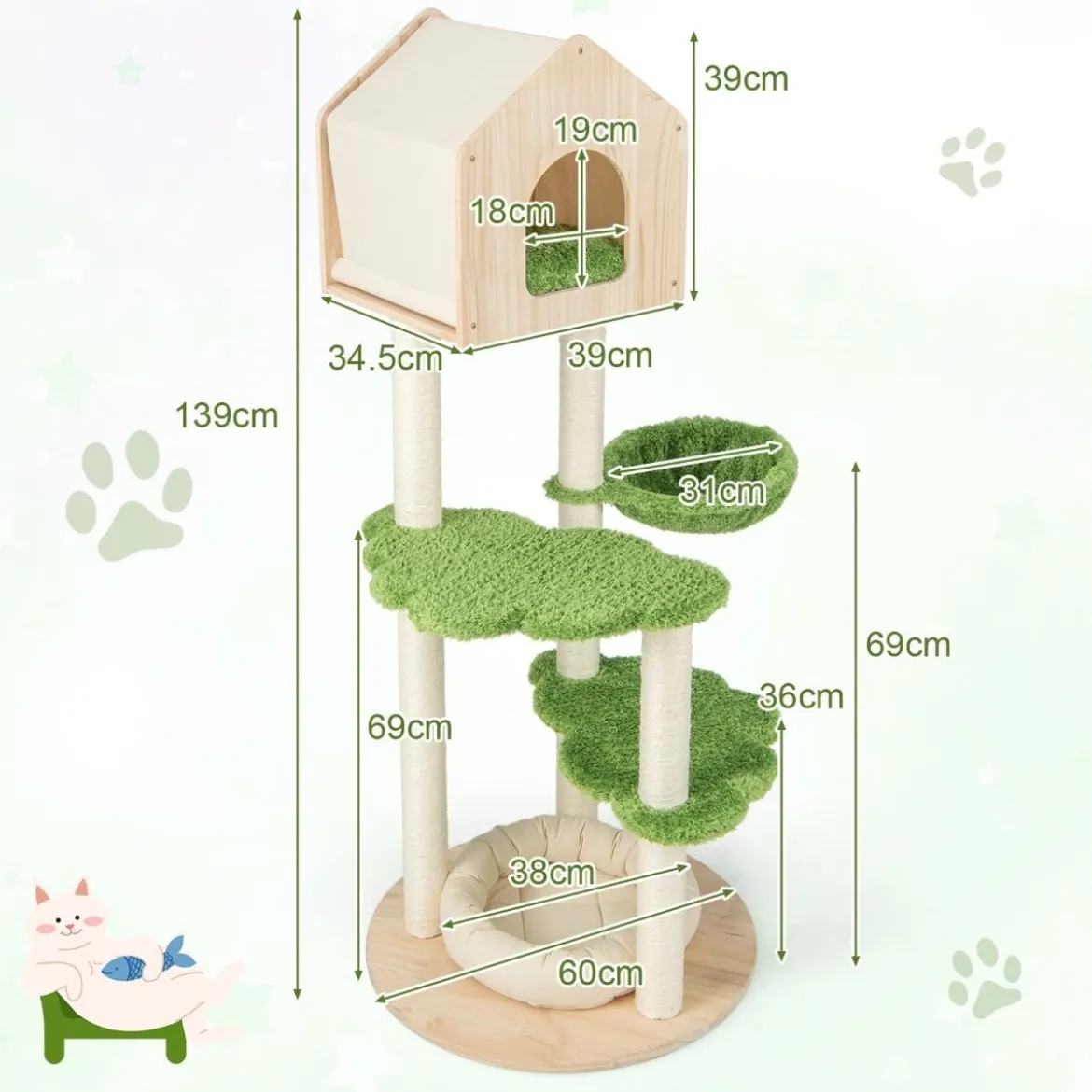 139 cm Katzenbaum mit Sisal-Kratzpfosten & Springplattformen & Liegeplatz & Hängematte