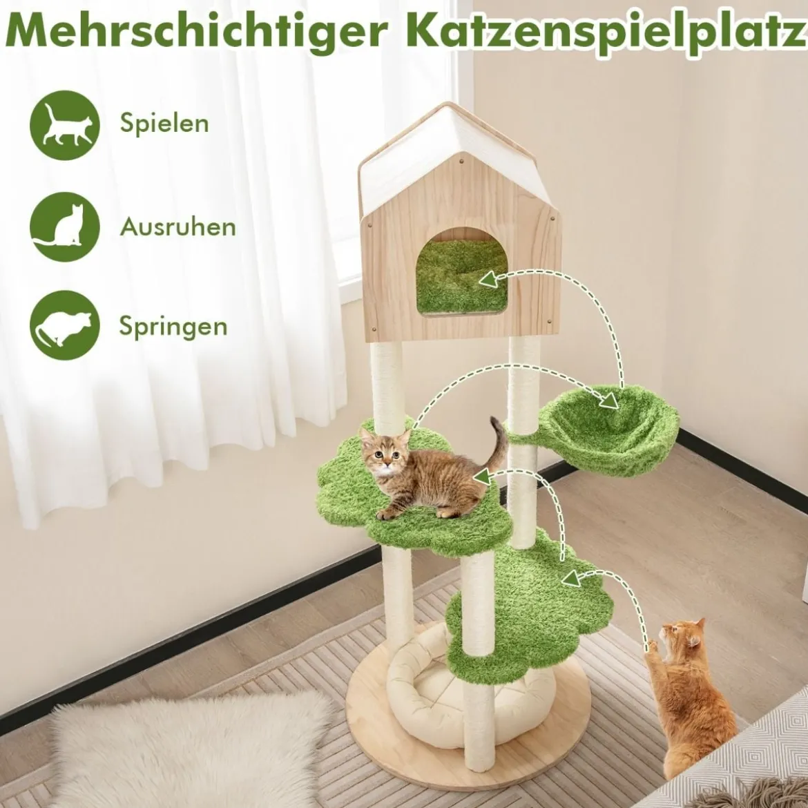 139 cm Katzenbaum mit Sisal-Kratzpfosten & Springplattformen & Liegeplatz & Hängematte