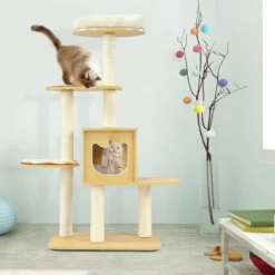 135cm Katzenbaum 4-stufiger Katzenkratzbaum Holz Kratzbaum Spielhaus mit Höhle und 4 Matten Katzenmöbel