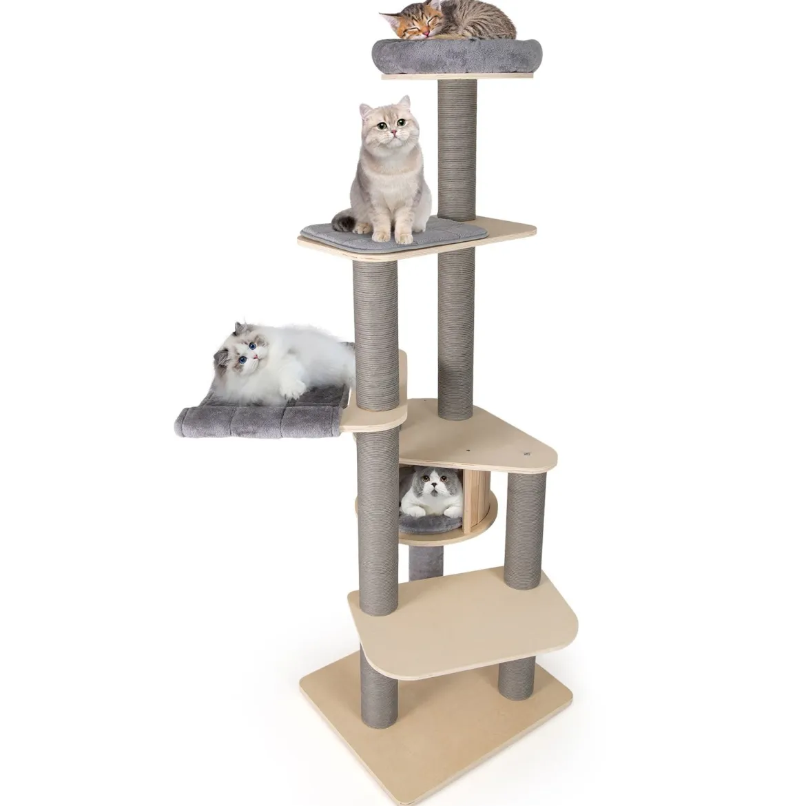 197 cm Katzenturm mehrstöckiger Katzenbaum mit gepolstertem oberem Ruheplatz Katzenhaus Grau
