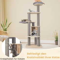 197 cm Katzenturm mehrstöckiger Katzenbaum mit gepolstertem oberem Ruheplatz Katzenhaus Grau