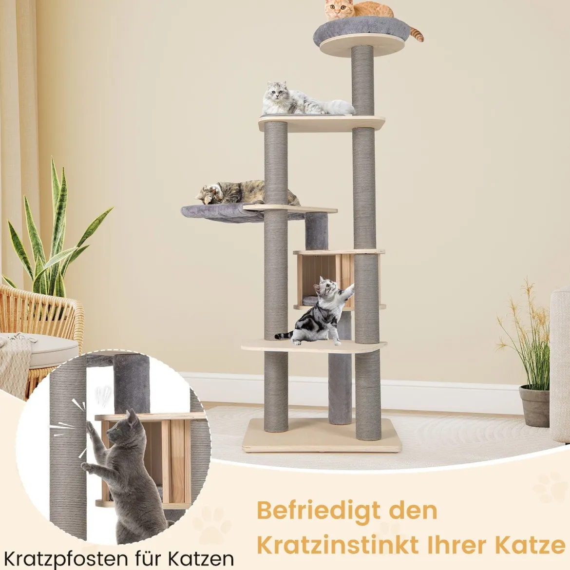 197 cm Katzenturm mehrstöckiger Katzenbaum mit gepolstertem oberem Ruheplatz Katzenhaus Grau