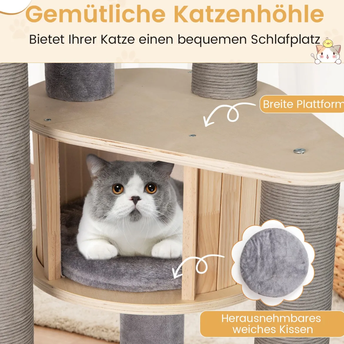 197 cm Katzenturm mehrstöckiger Katzenbaum mit gepolstertem oberem Ruheplatz Katzenhaus Grau