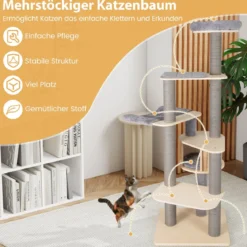197 cm Katzenturm mehrstöckiger Katzenbaum mit gepolstertem oberem Ruheplatz Katzenhaus Grau