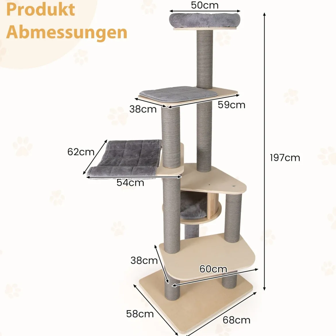197 cm Katzenturm mehrstöckiger Katzenbaum mit gepolstertem oberem Ruheplatz Katzenhaus Grau