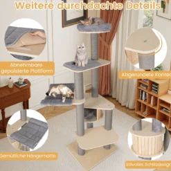 197 cm Katzenturm mehrstöckiger Katzenbaum mit gepolstertem oberem Ruheplatz Katzenhaus Grau