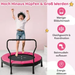 Ø102 cm Kinder Trampolin Fitness-Trampolin Indoor mit abnehmbarer Haltegriff Minitrampolin bis 100 kg belastbar Rosa