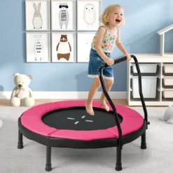 Ø102 cm Kinder Trampolin Fitness-Trampolin Indoor mit abnehmbarer Haltegriff Minitrampolin bis 100 kg belastbar Rosa