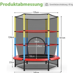 Ø140 cm Kinder-Trampolin mit Sicherheitsnetz Gartentrampolin Kindertrampolin Schwarz + Bunt