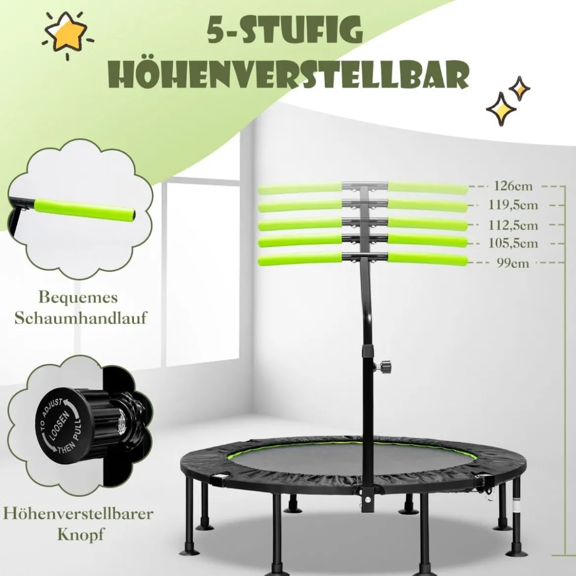 φ117cm Klappbares Mini Trampolin mit Höhenverstellbarem Griff Kindertrampolin