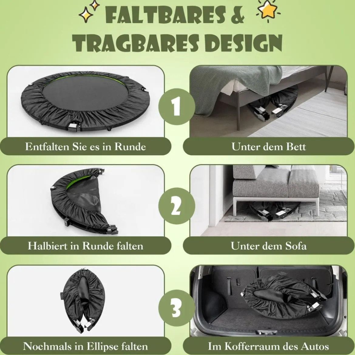 φ117cm Klappbares Mini Trampolin mit Höhenverstellbarem Griff Kindertrampolin
