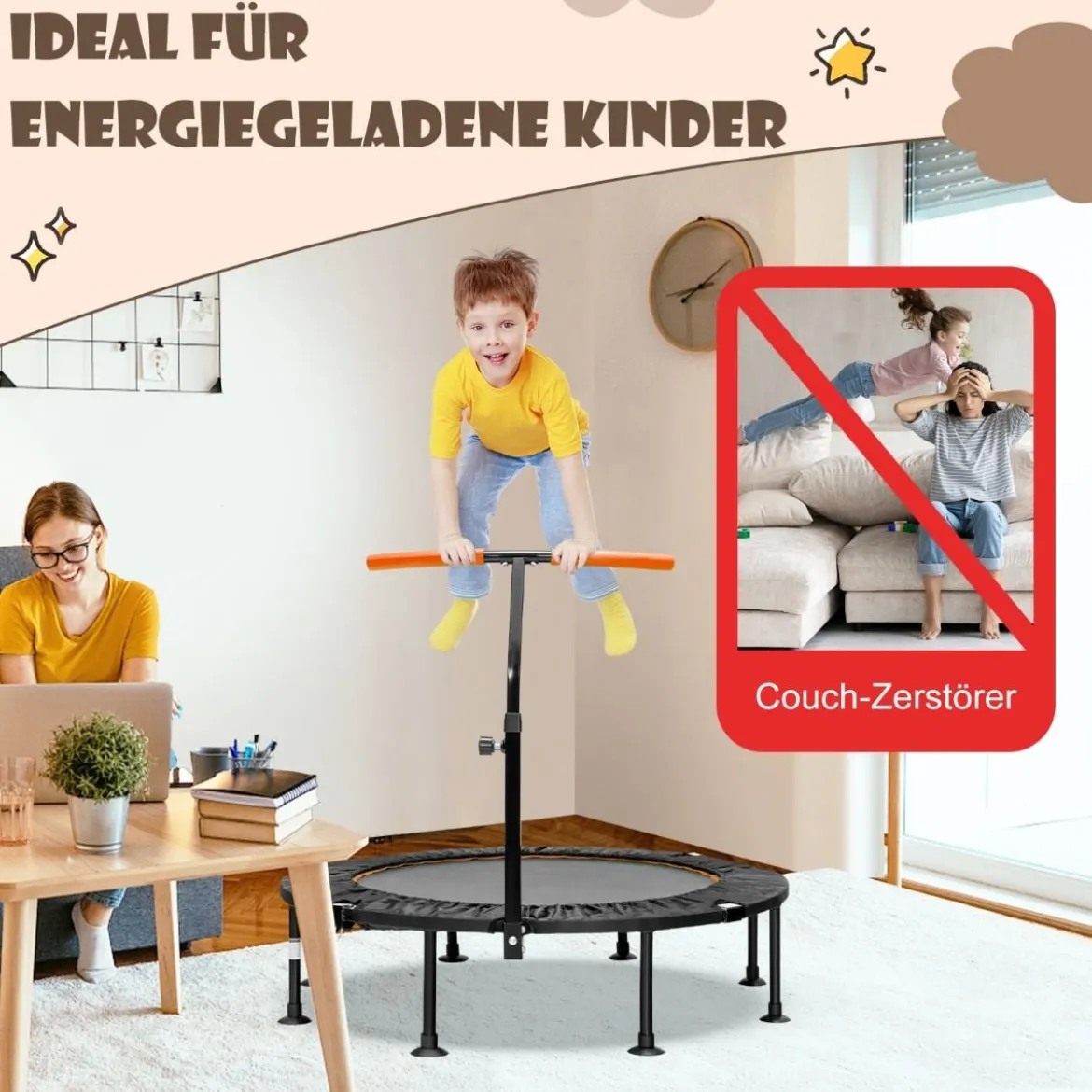 φ117cm Klappbares Mini Trampolin mit Höhenverstellbarem Griff Kindertrampolin