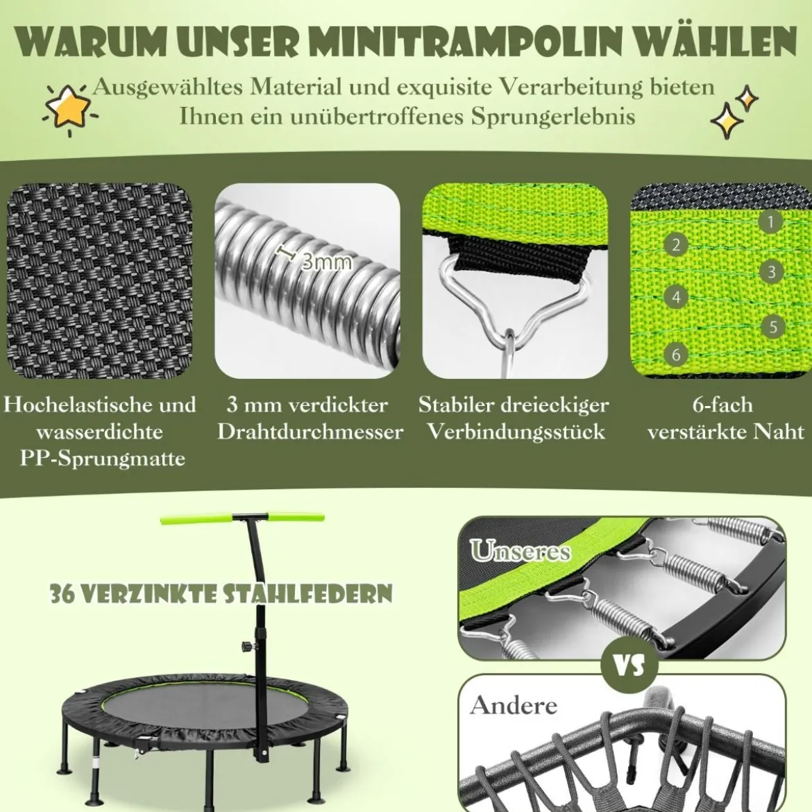 φ117cm Klappbares Mini Trampolin mit Höhenverstellbarem Griff Kindertrampolin