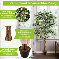 160 cm Künstlicher Ficus-Baum mit 1008 Blättern & Natürlichem Holzstamm & Stabiler Blumentopf