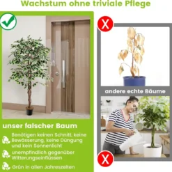 160 cm Künstlicher Ficus-Baum mit 1008 Blättern & Natürlichem Holzstamm & Stabiler Blumentopf