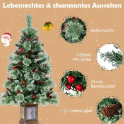 120 cm Künstlicher Weihnachtsbaum im Topf mit 100 Bunten LED-Lichtern & & Rote Beeren