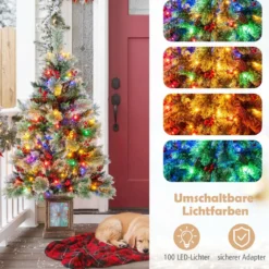120 cm Künstlicher Weihnachtsbaum im Topf mit 100 Bunten LED-Lichtern & & Rote Beeren