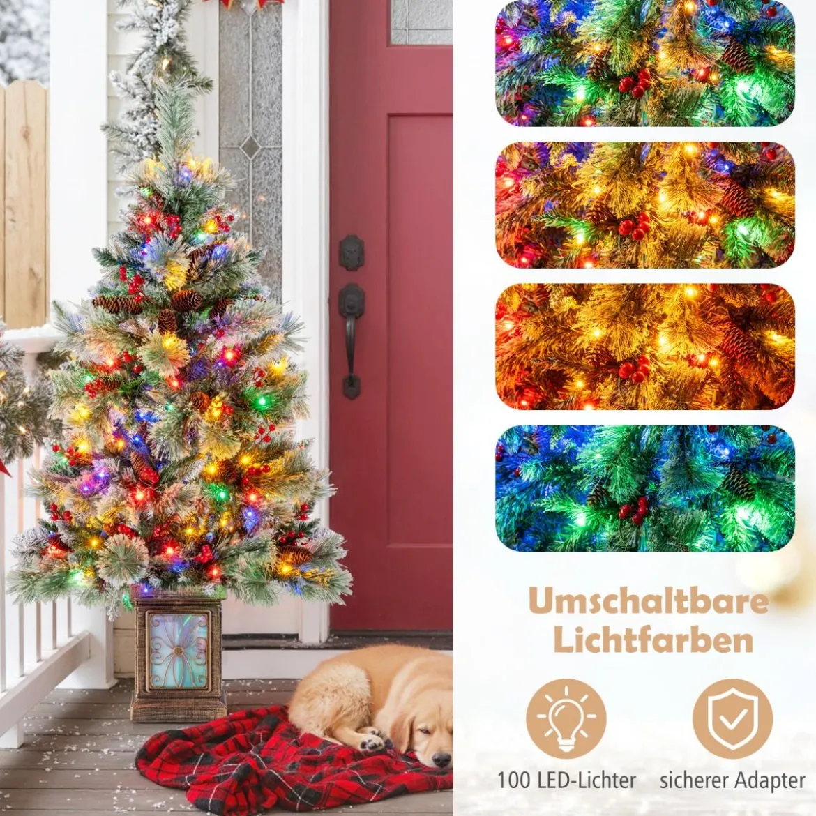 120 cm Künstlicher Weihnachtsbaum im Topf mit 100 Bunten LED-Lichtern & & Rote Beeren