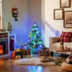 120 cm Künstlicher Weihnachtsbaum im Topf mit 100 Bunten LED-Lichtern & & Rote Beeren