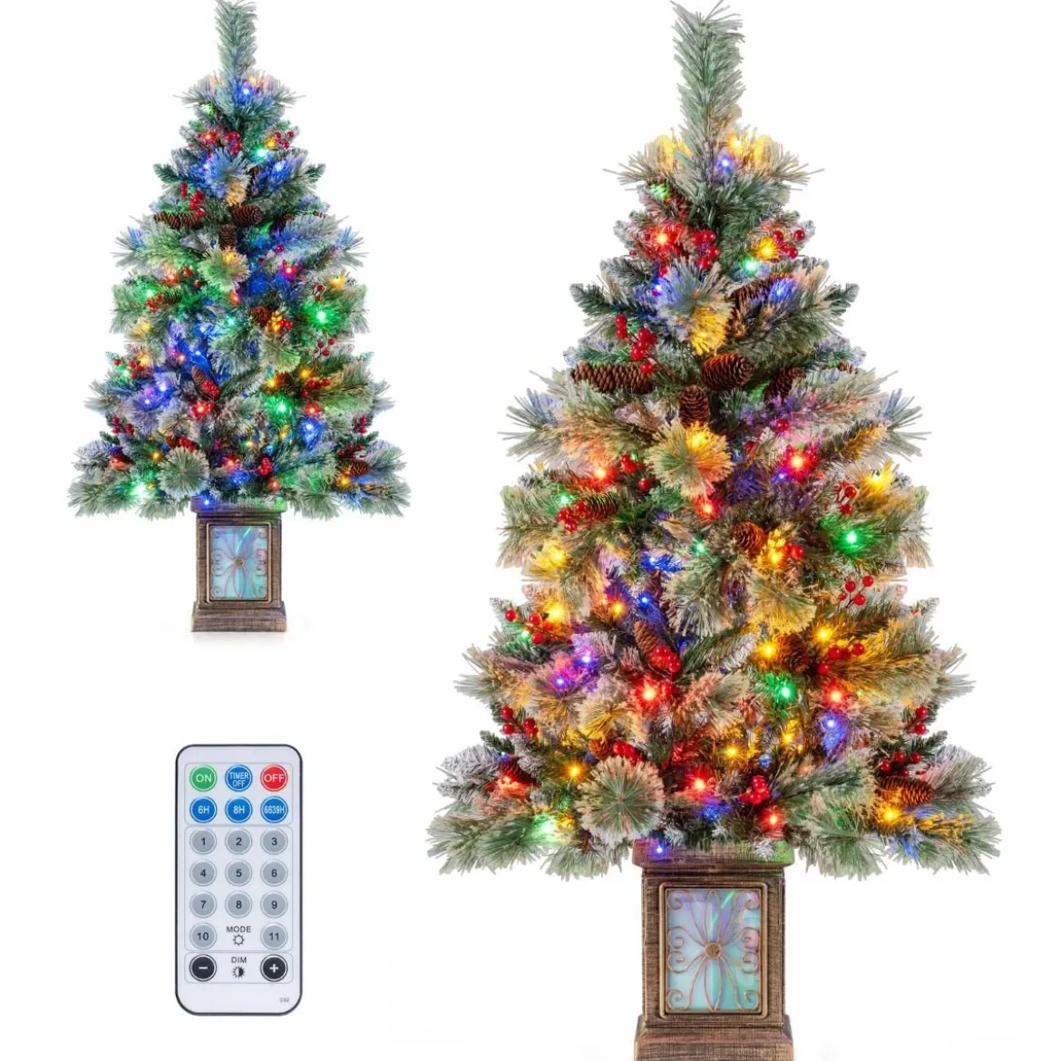 120 cm Künstlicher Weihnachtsbaum im Topf mit 100 Bunten LED-Lichtern & & Rote Beeren