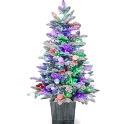 100cm Künstlicher Weihnachtsbaum beflockter Tannenbaum mit 80 mehrfarbigen LED-Lichtern