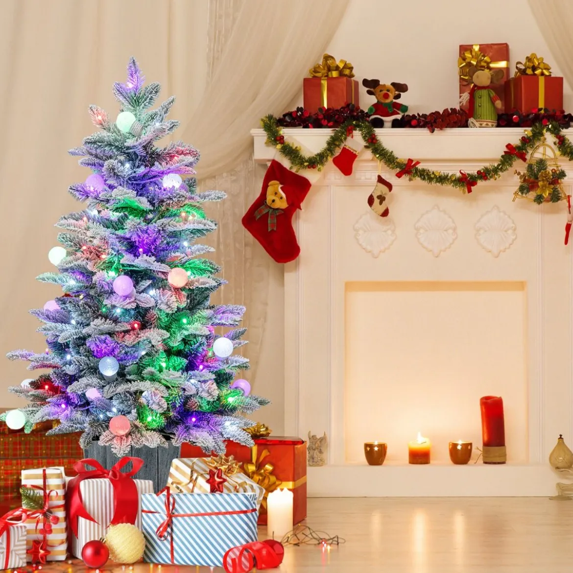 100cm Künstlicher Weihnachtsbaum beflockter Tannenbaum mit 80 mehrfarbigen LED-Lichtern