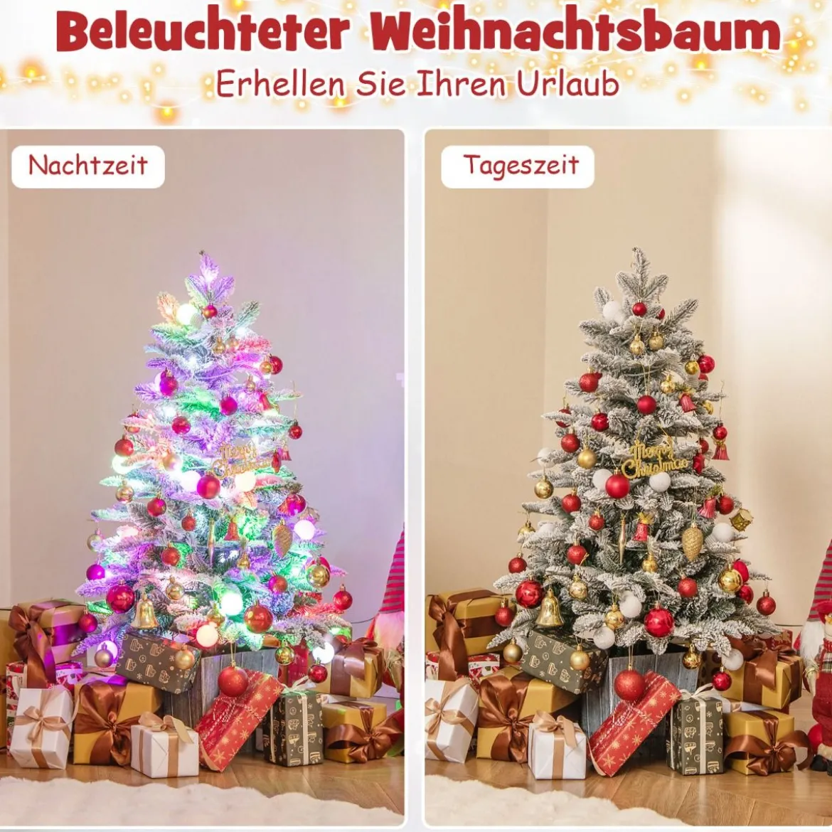 100cm Künstlicher Weihnachtsbaum beflockter Tannenbaum mit 80 mehrfarbigen LED-Lichtern