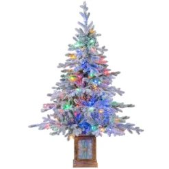 120 cm Künstlicher Weihnachtsbaum im Topf mit 100 Mehrfarbige & Warmweiße Dimmbare Lichter & Schnee