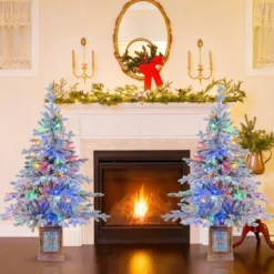 120 cm Künstlicher Weihnachtsbaum im Topf mit 100 Mehrfarbige & Warmweiße Dimmbare Lichter & Schnee