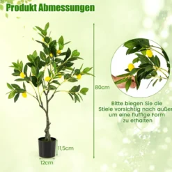 80 cm Künstlicher Zitronenbaum Limonenbaum mit Topf & 9 Zitronen Kunstpflanze mit Früchten