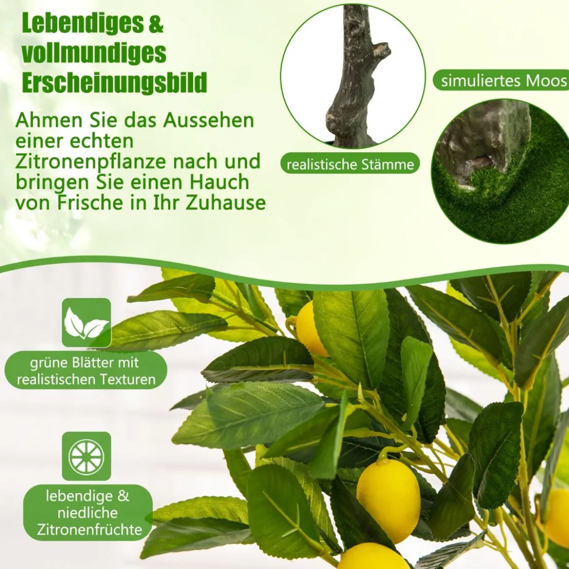 120 cm Künstlicher Zitronenbaum mit Topf & 18 Zitronen Limonenbaum Kunstpflanze Zitruspflanze