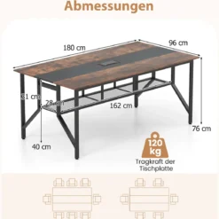 180 cm Konferenztisch rechteckiger Besprechungstisch mit Mesh-Ablagefach & Kabeldurchführung Rustikales Braun