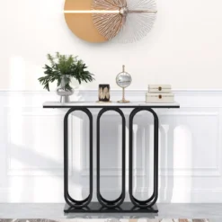 100 cm Konsolentisch aus Kunstmarmor mit Verstellbaren Fußpolstern &Metallrahmen & Kippschutz-Sets