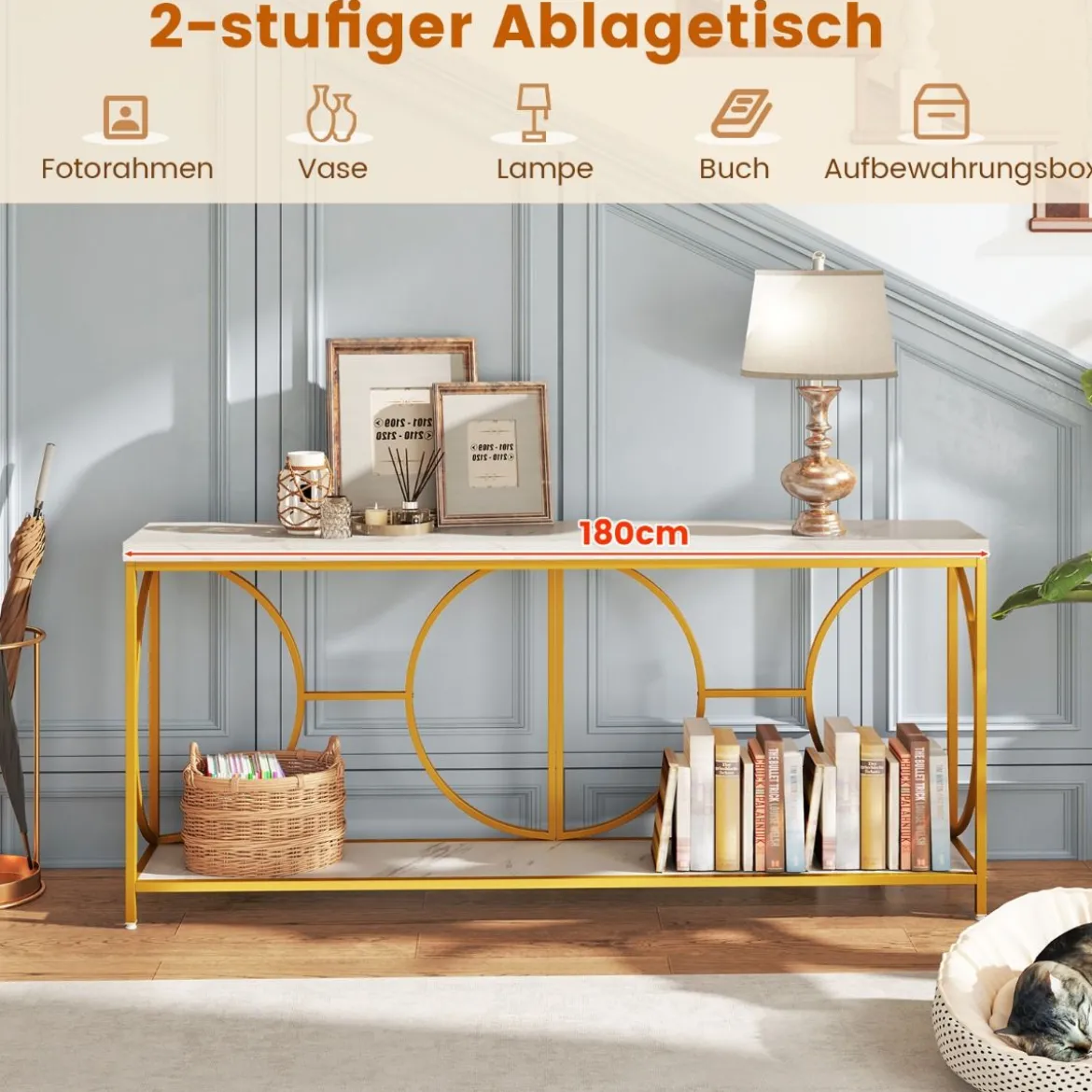 180cm Konsolentisch Eingangstisch schmal Marmor Optik Sofatisch mit geometrischem Metallrahmen