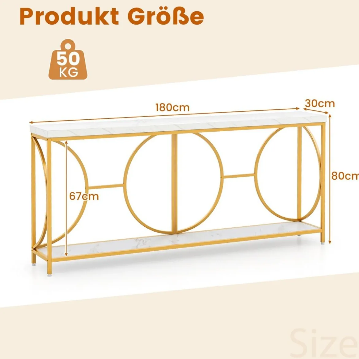 180cm Konsolentisch Eingangstisch schmal Marmor Optik Sofatisch mit geometrischem Metallrahmen