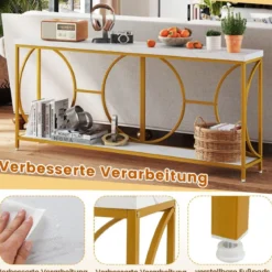 180cm Konsolentisch Eingangstisch schmal Marmor Optik Sofatisch mit geometrischem Metallrahmen