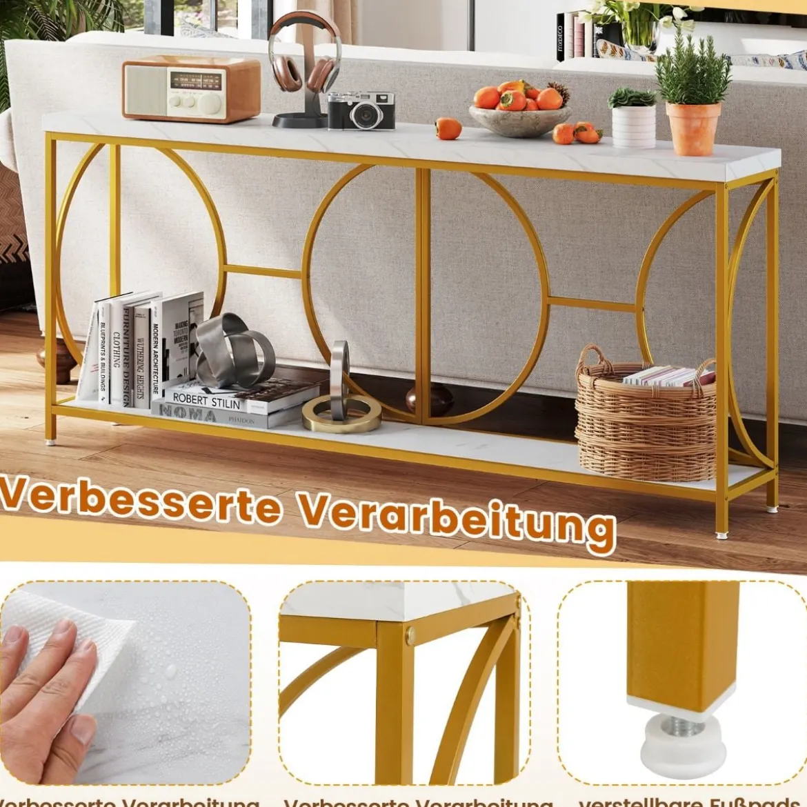 180cm Konsolentisch Eingangstisch schmal Marmor Optik Sofatisch mit geometrischem Metallrahmen