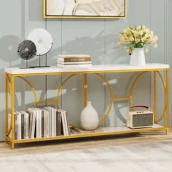 180cm Konsolentisch Eingangstisch schmal Marmor Optik Sofatisch mit geometrischem Metallrahmen