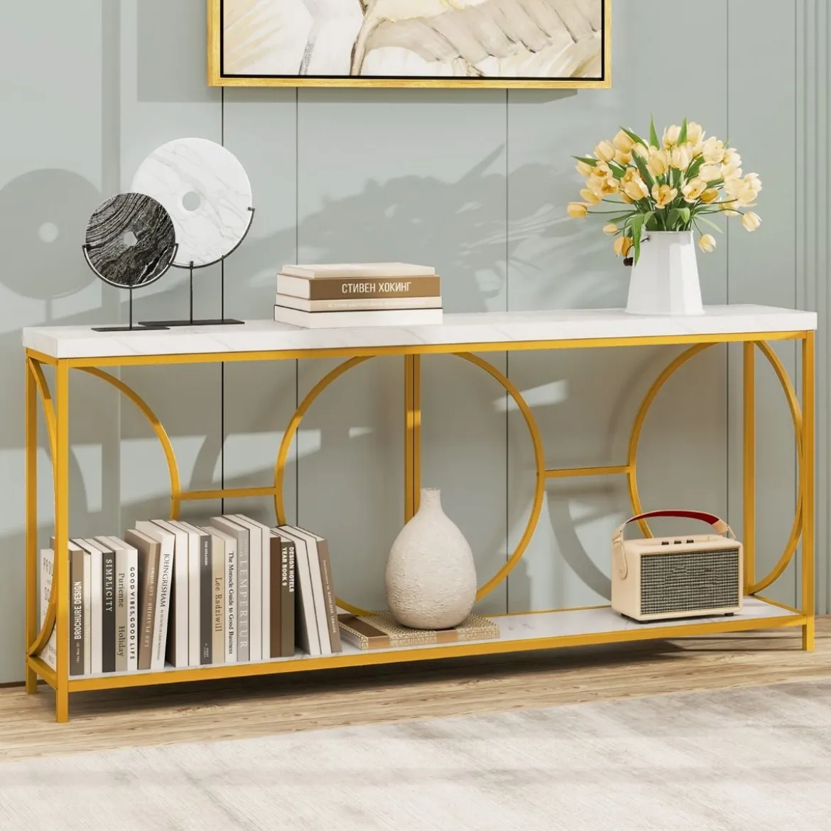 180cm Konsolentisch Eingangstisch schmal Marmor Optik Sofatisch mit geometrischem Metallrahmen